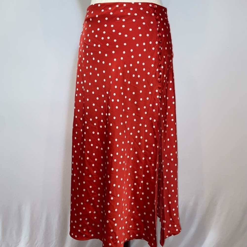 Forever 21 Red satin polka dot midi Skirt w/ slit and button details size Large